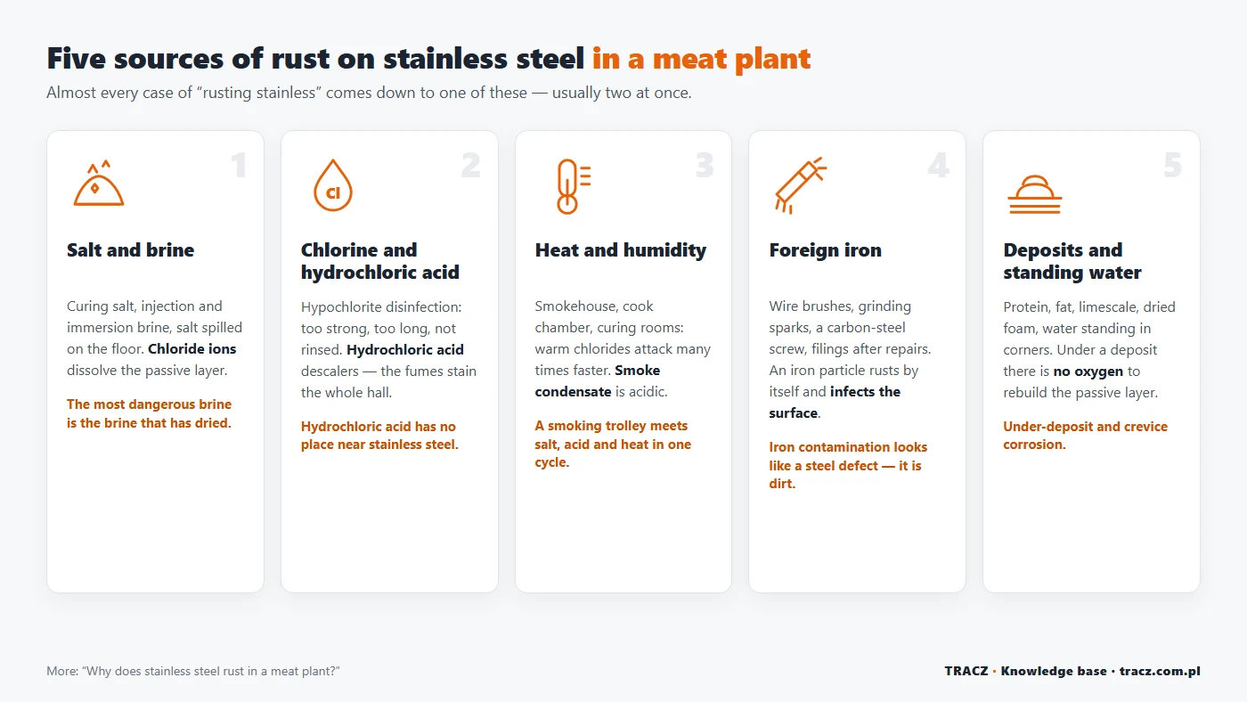 Five sources of rust on stainless steel in a meat plant: salt and brine, chlorine and hydrochloric acid, heat and humidity, foreign iron, deposits and standing water