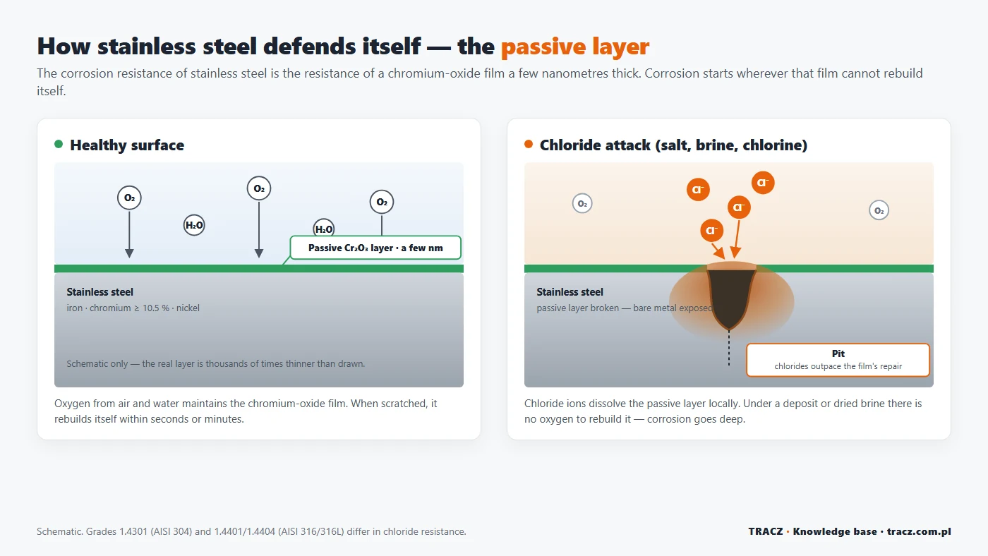 Diagram of the passive layer of stainless steel: a healthy surface and a chloride attack leading to a pit