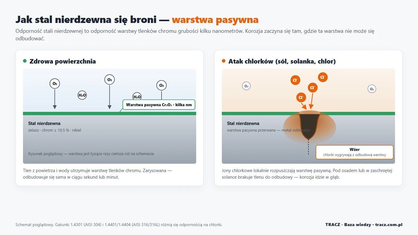 Schemat warstwy pasywnej stali nierdzewnej: zdrowa powierzchnia i atak chlorków prowadzący do wżeru