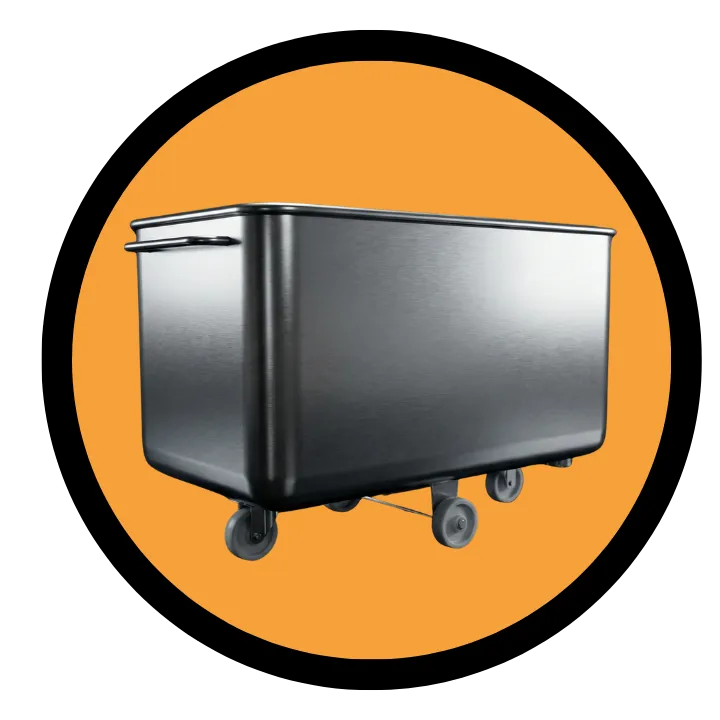 Trough vehicle 450 L on orange background, acid-resistant steel, main product image Tracz.