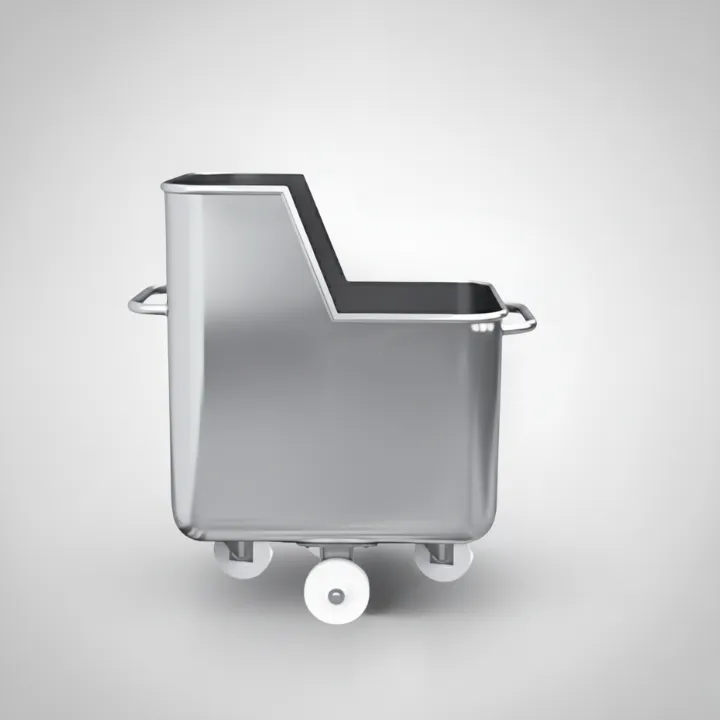 Wózek do farszu 200L ze stali nierdzewnej, podwyższony przedni bok, widok z boku