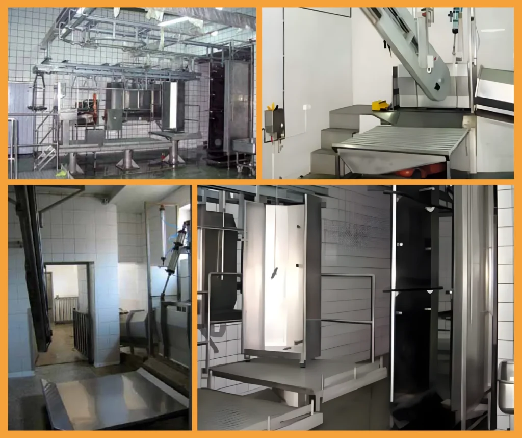 Collage of images showing stainless-steel slaughter line components, including working platforms, overhead conveyors and clean zone equipment in a meat-processing facility.
