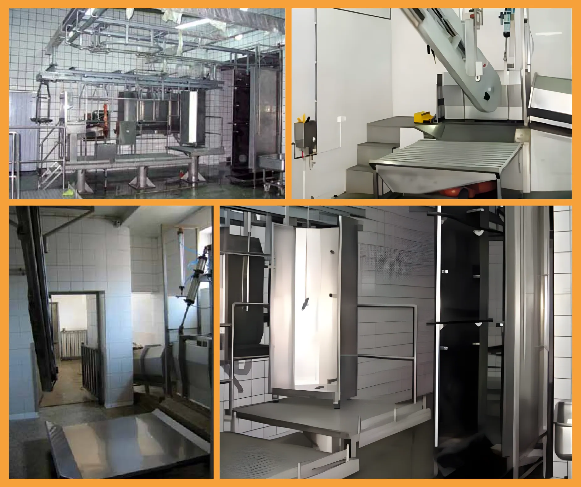 Collage of images showing stainless-steel slaughter line components, including working platforms, overhead conveyors and clean zone equipment in a meat-processing facility.