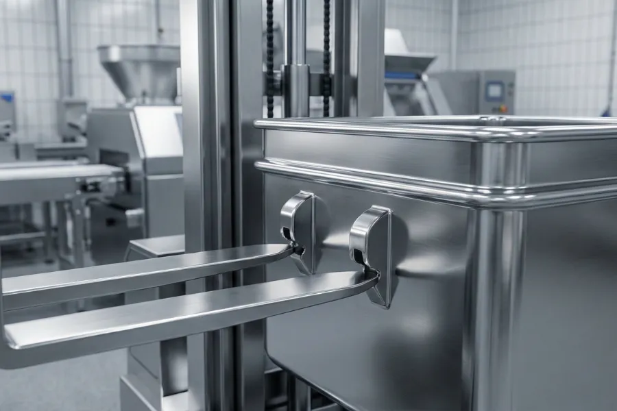 Wózek do farszu (cymber) 200l ze stali nierdzewnej zadokowany w wywrotnicy słupowej zgodnie z normą DIN 9797.