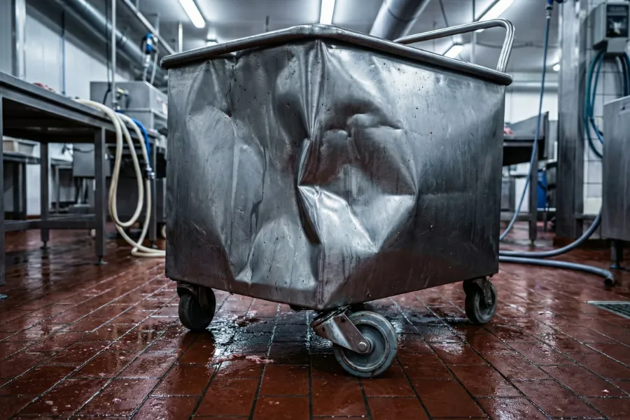 Pęknięty spaw i korozja szczelinowa w tanim wózku do farszu (cymbrze) ze stali nierdzewnej.